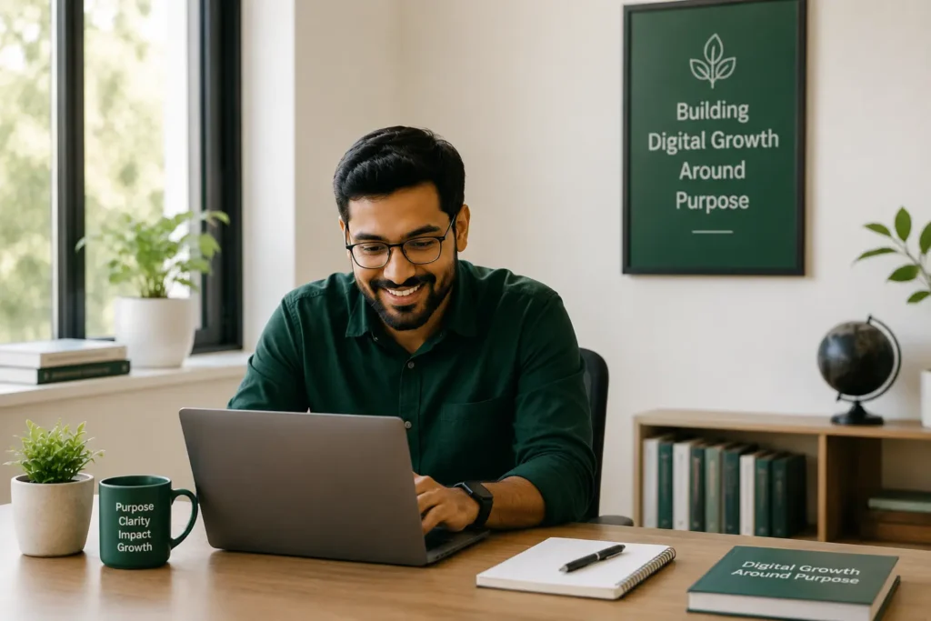 Founder of Ethygrow working on a laptop in a modern office, representing purpose-driven digital growth, website strategy, and search visibility.