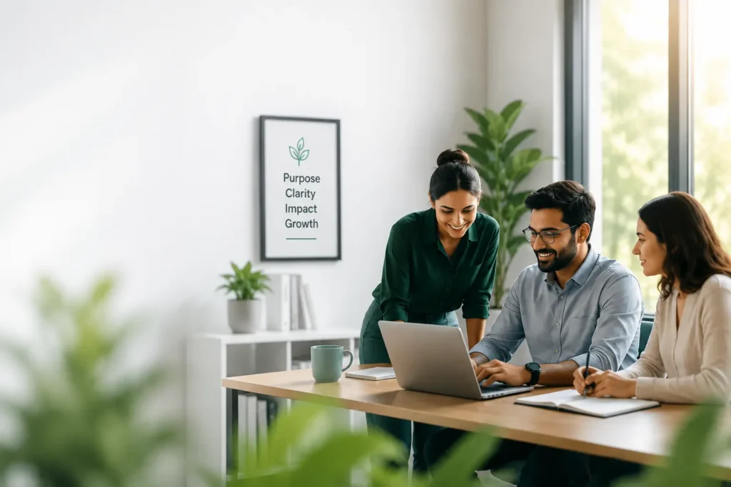 Team collaborating in a modern office, representing Ethygrow's purpose-driven approach to website development and search visibility.