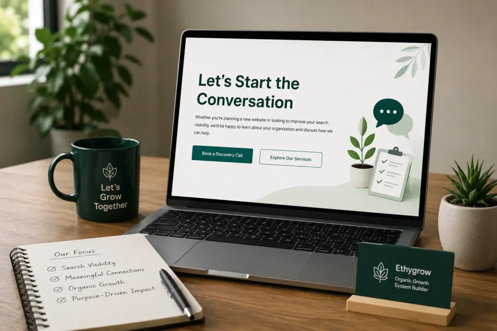 Modern workspace with a laptop, notebook, and business card, representing an invitation to connect with Ethygrow for website development and search visibility services.