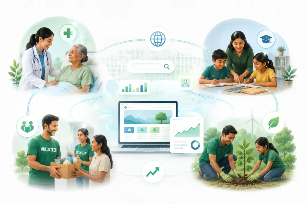 Illustration showing how websites and search visibility connect healthcare, education, social impact, and environmental organizations with the people they serve.