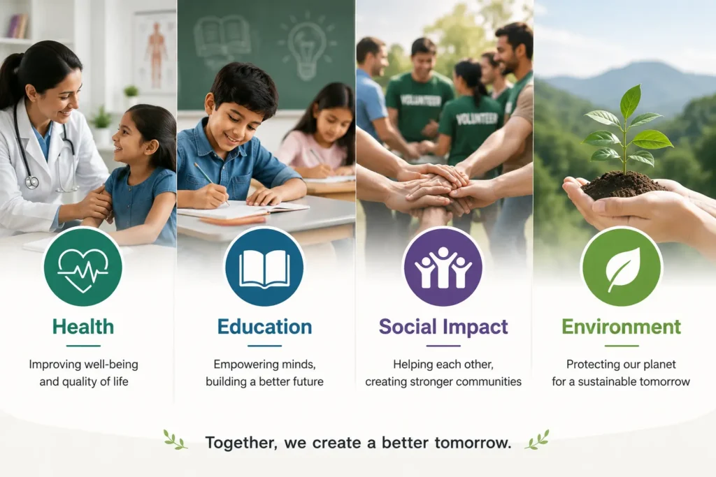 Collage representing the four industries Ethygrow serves: healthcare, education, social impact, and environmental sustainability.