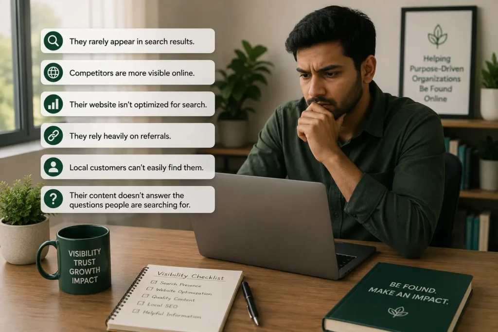 Professional analysing website search performance, representing common search visibility challenges including poor rankings, limited online presence, and low discoverability.