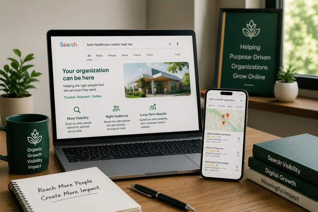 Laptop and smartphone displaying search results and local listings, illustrating search visibility, SEO, and helping organizations become easier to discover online.