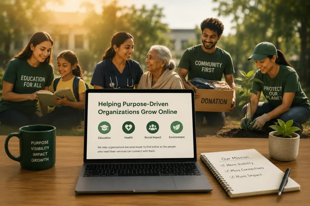 Purpose-driven organizations connected through digital search visibility, illustrating how SEO helps people discover trusted healthcare, education, social impact, and sustainability organizations.