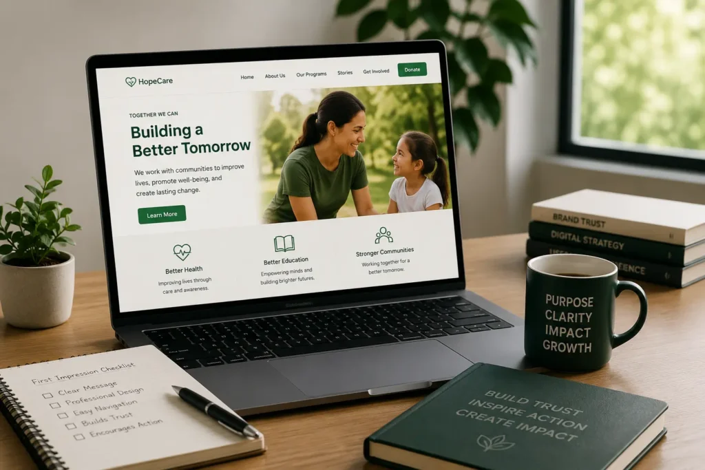 Laptop displaying a professionally designed website for a purpose-driven organization, illustrating how effective website development builds trust, improves user experience, and encourages engagement from the first visit.