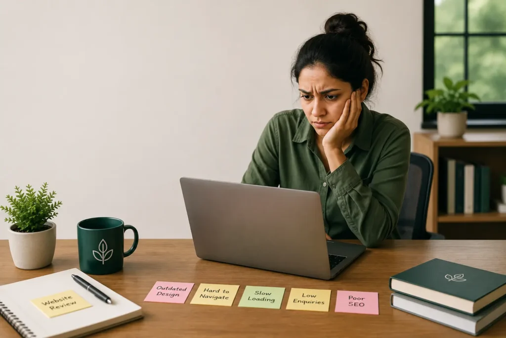 Professional looking concerned while reviewing a website on a laptop, representing common website challenges such as outdated design, poor performance, and low enquiries.