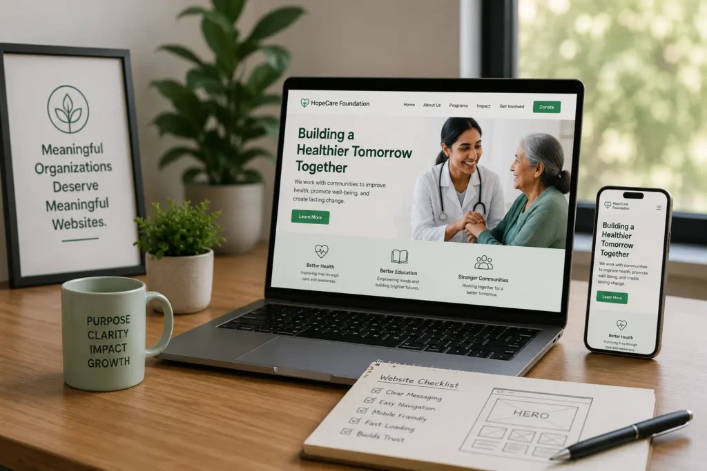 Laptop displaying a modern website design for a purpose-driven organization alongside a mobile preview, illustrating professional website development and responsive design.