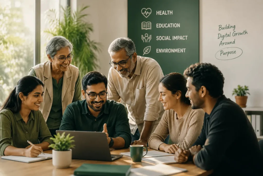 Team collaborating in a modern workspace, representing Ethygrow's mission to help purpose-driven organizations build trust and improve their digital presence.