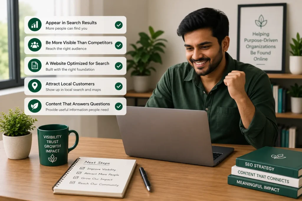 Smiling professional reviewing improved search visibility on a laptop, representing SEO solutions including better search presence, stronger online visibility, local discoverability, and helpful content.