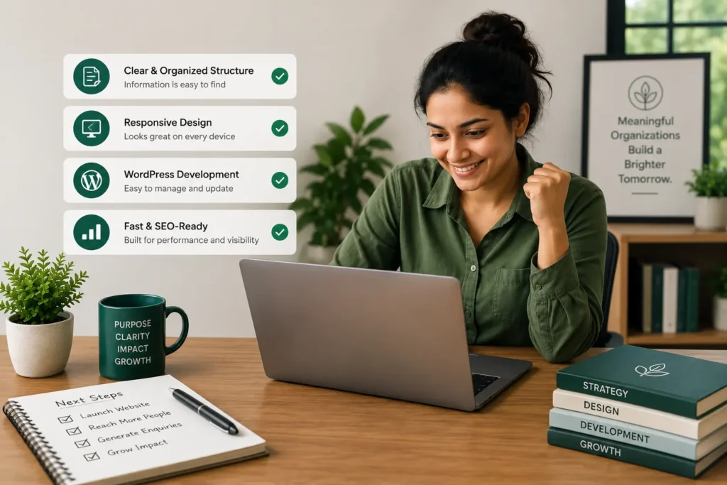 Smiling professional reviewing a successful website project on a laptop, representing solutions such as clear structure, responsive design, WordPress development, fast performance, and SEO-ready foundations.